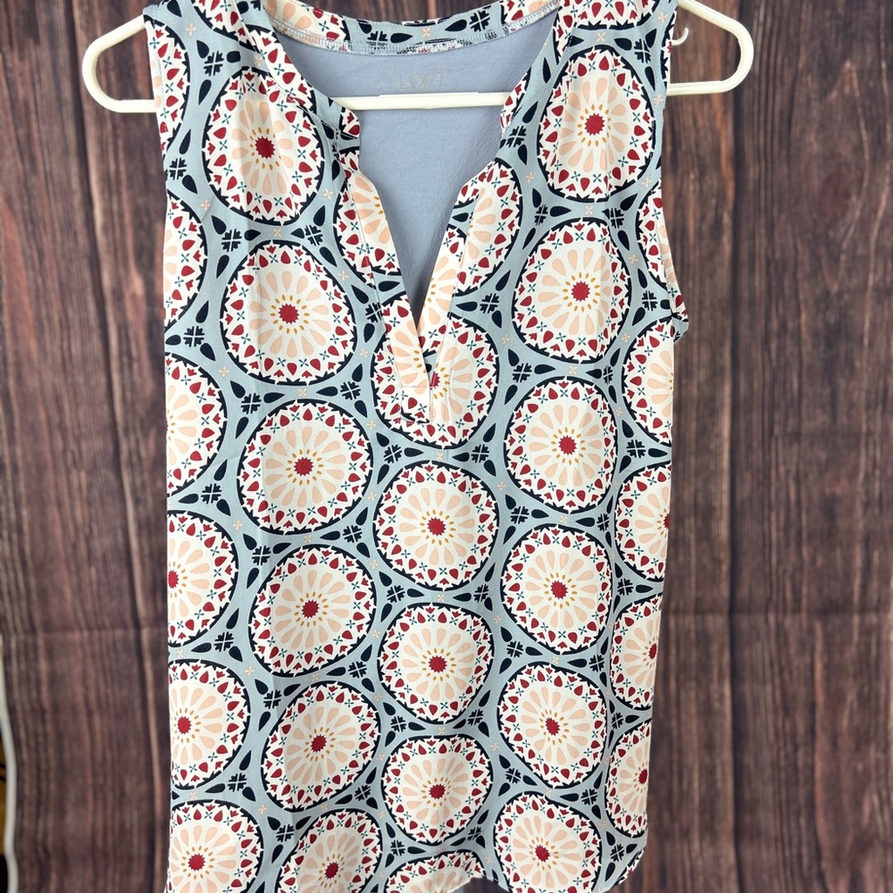 LOFT Blue and Orange Blouse with V-Neck and Geometric Pattern